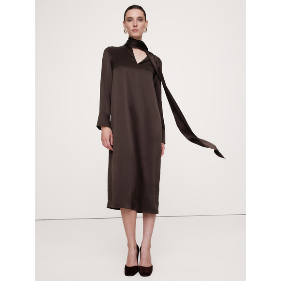 Banana Republic Dress Womens L Silk Tie-Neck Midi Brown Sophisticated Formal